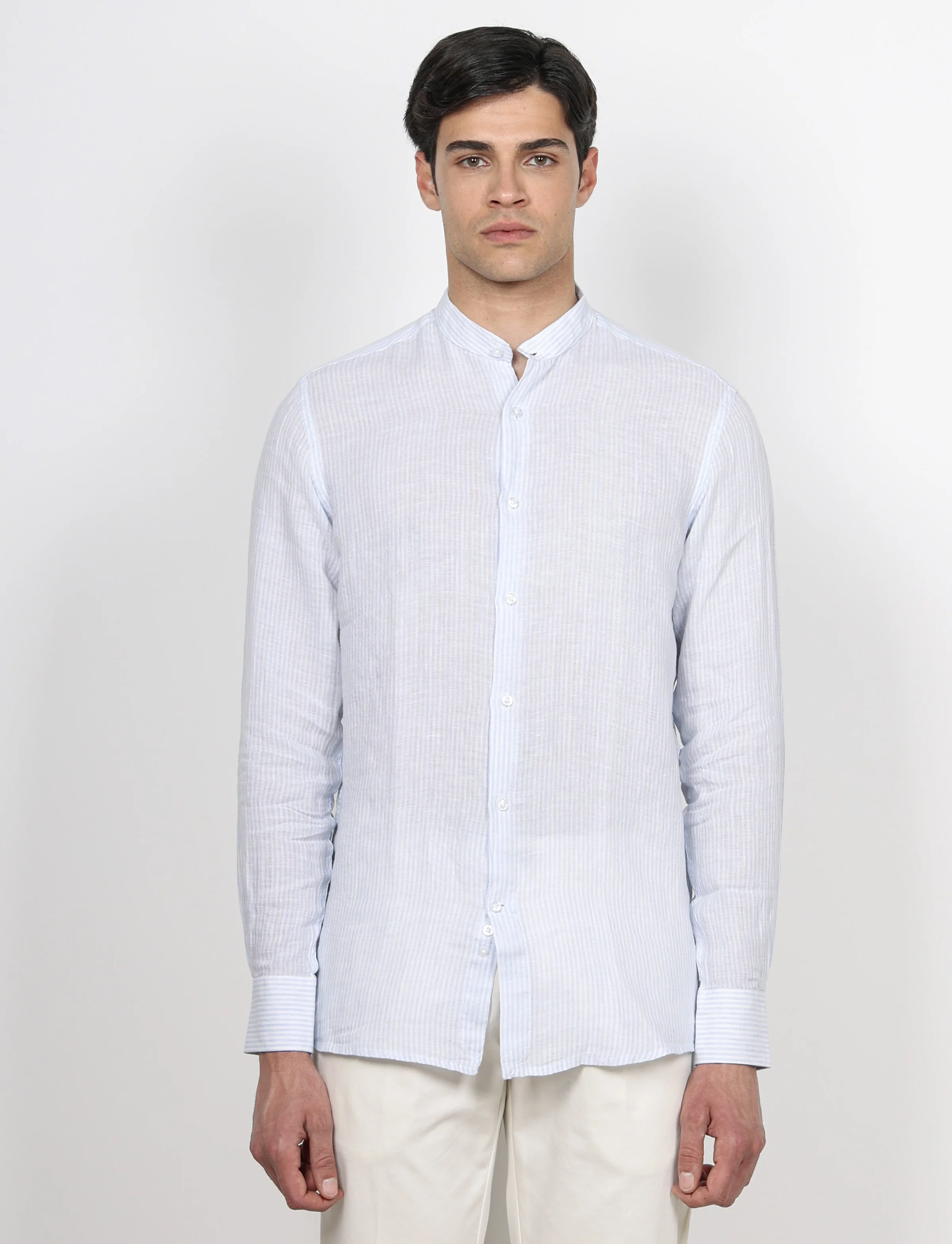 Camicia in lino collo alla coreana a righe - Image 11