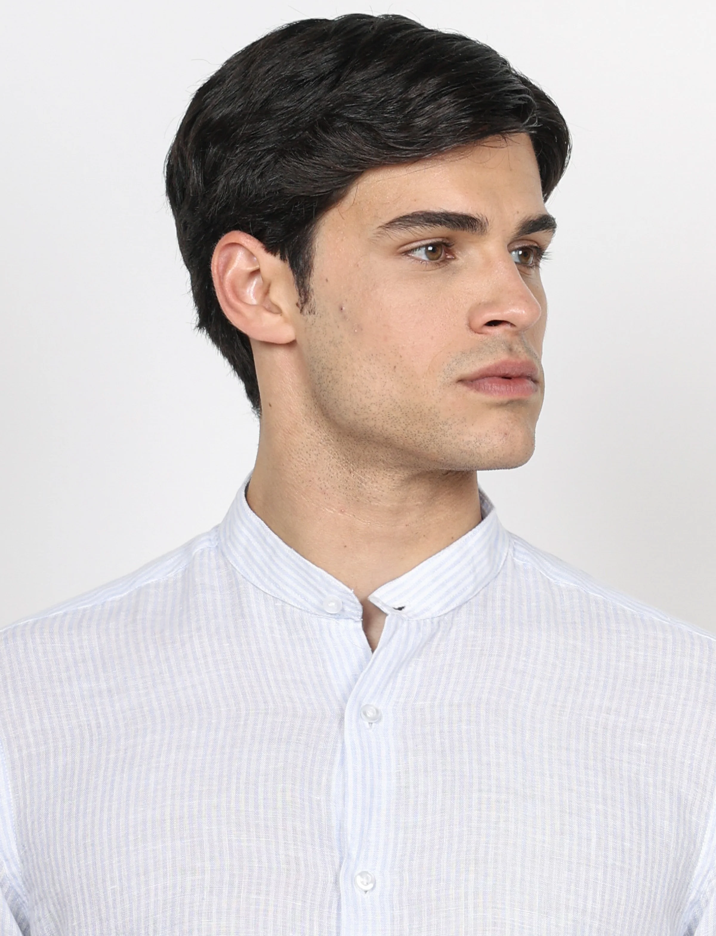 Camicia in lino collo alla coreana a righe - Image 12