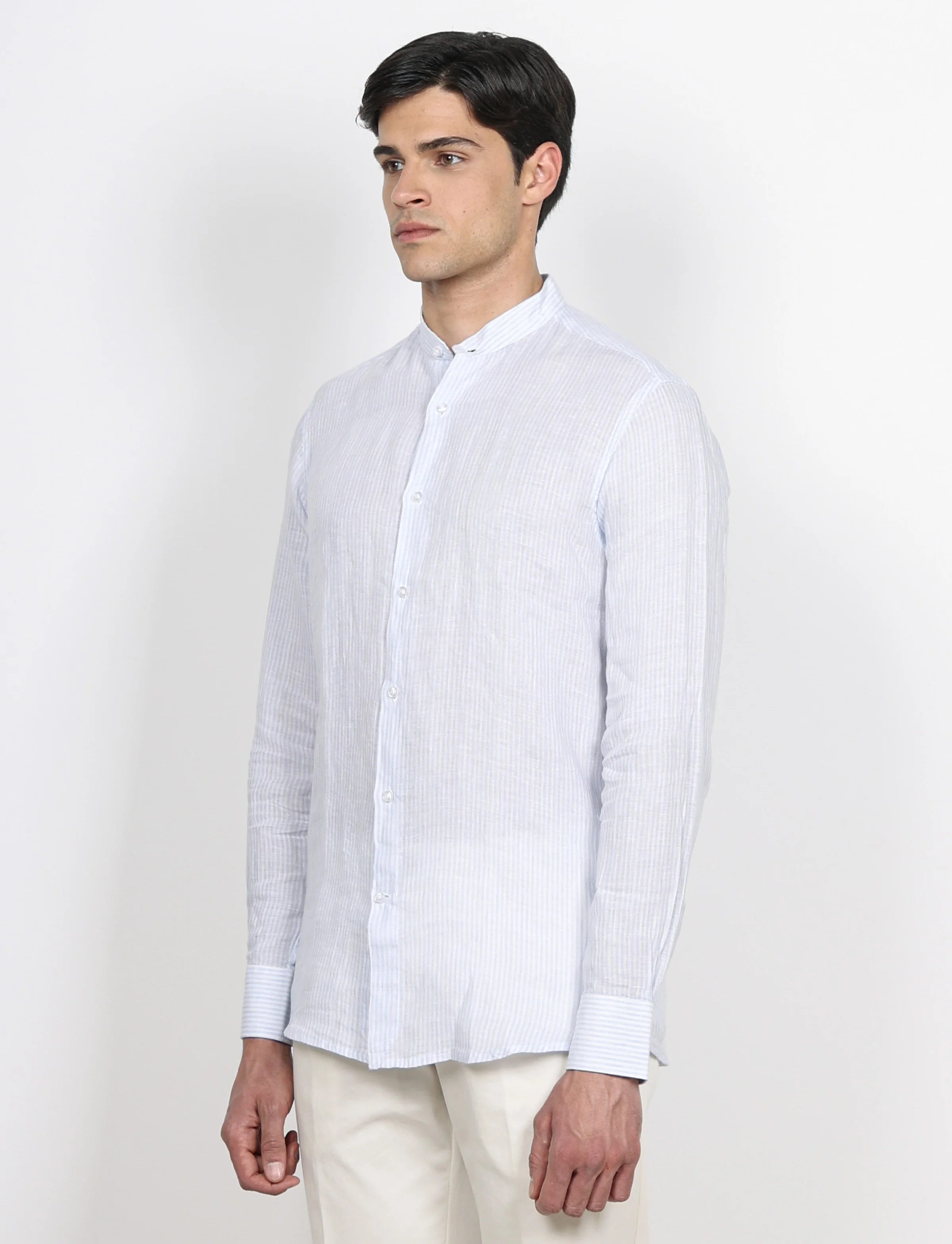 Camicia in lino collo alla coreana a righe - Image 13