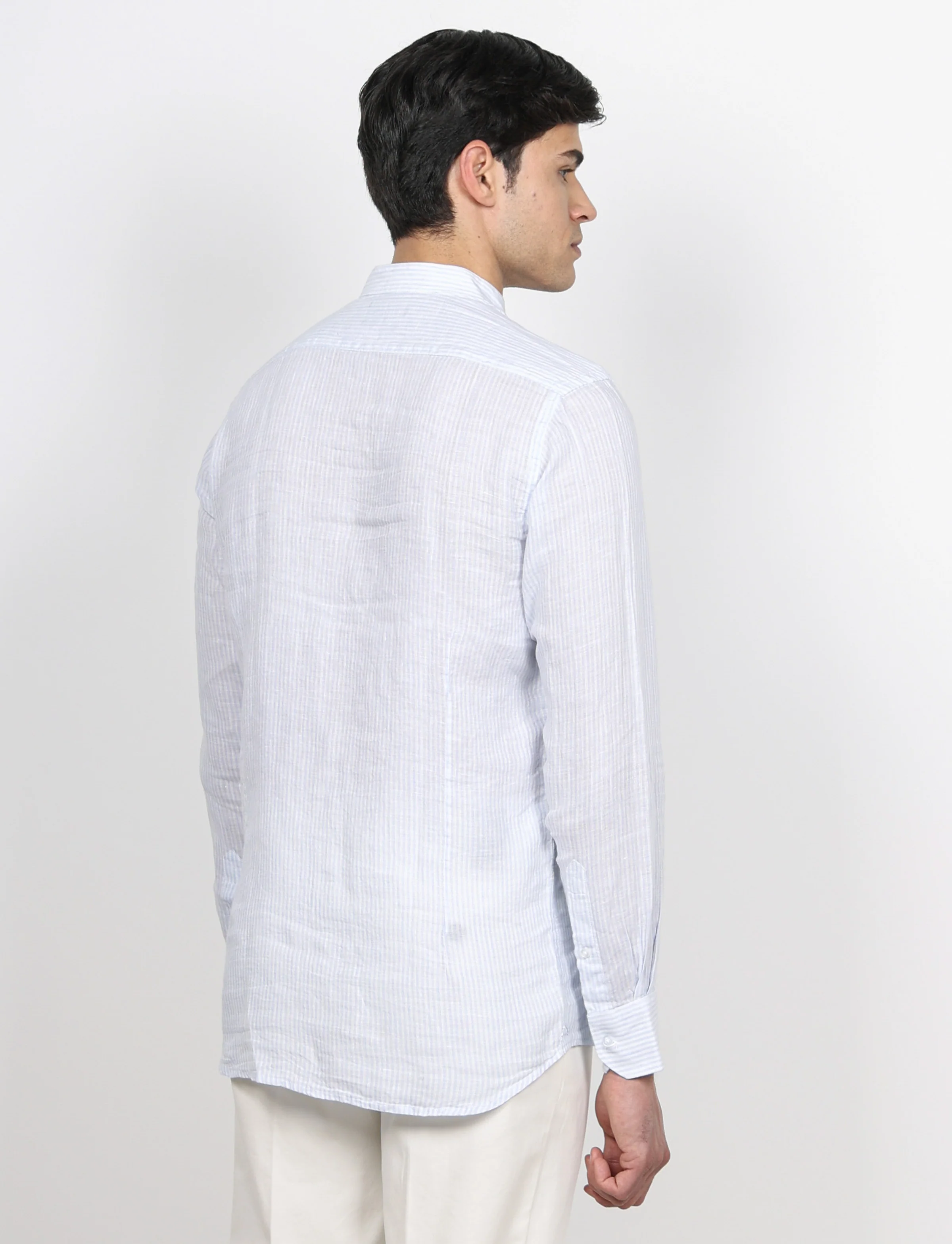 Camicia in lino collo alla coreana a righe - Image 14