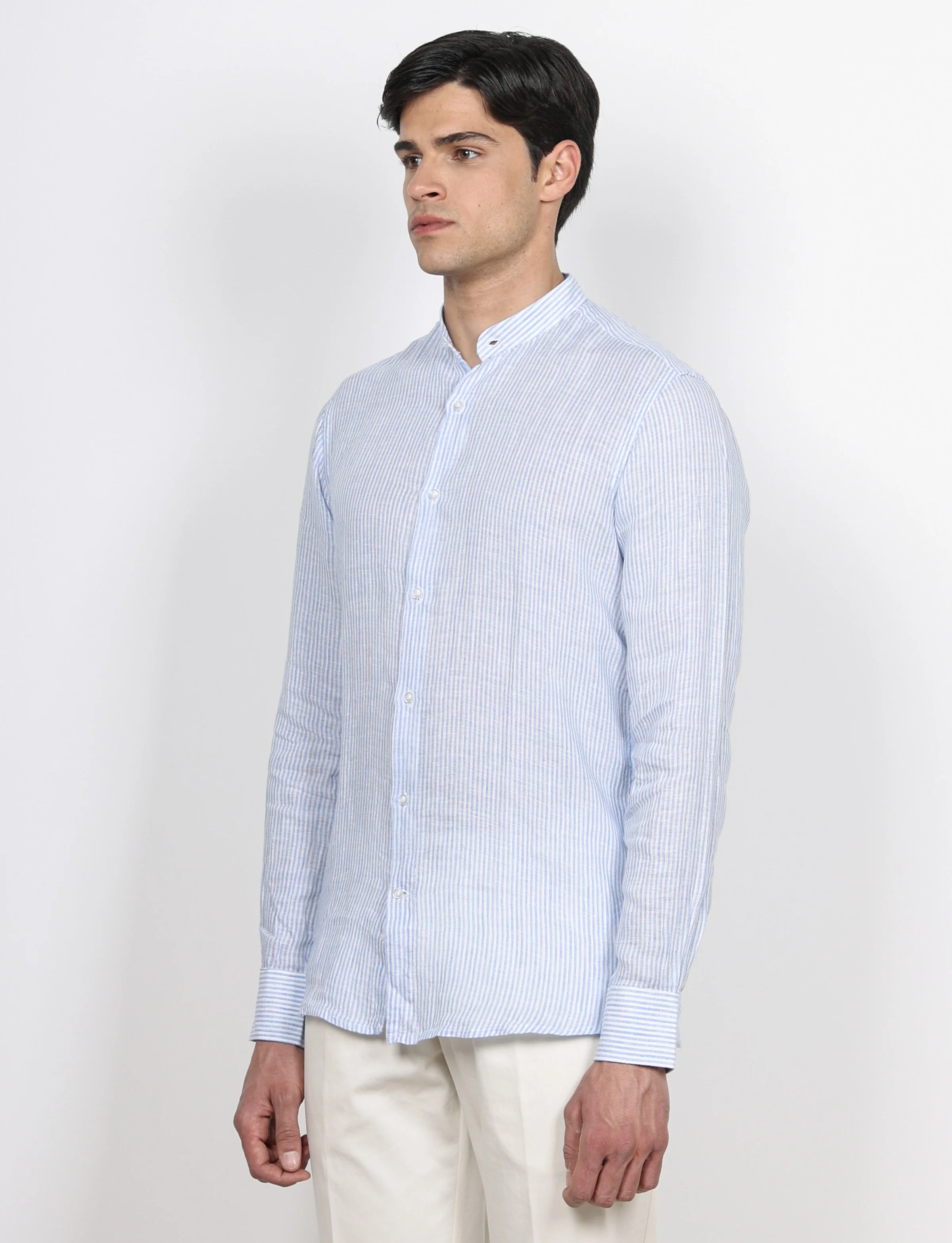 Camicia in lino collo alla coreana a righe - Image 3