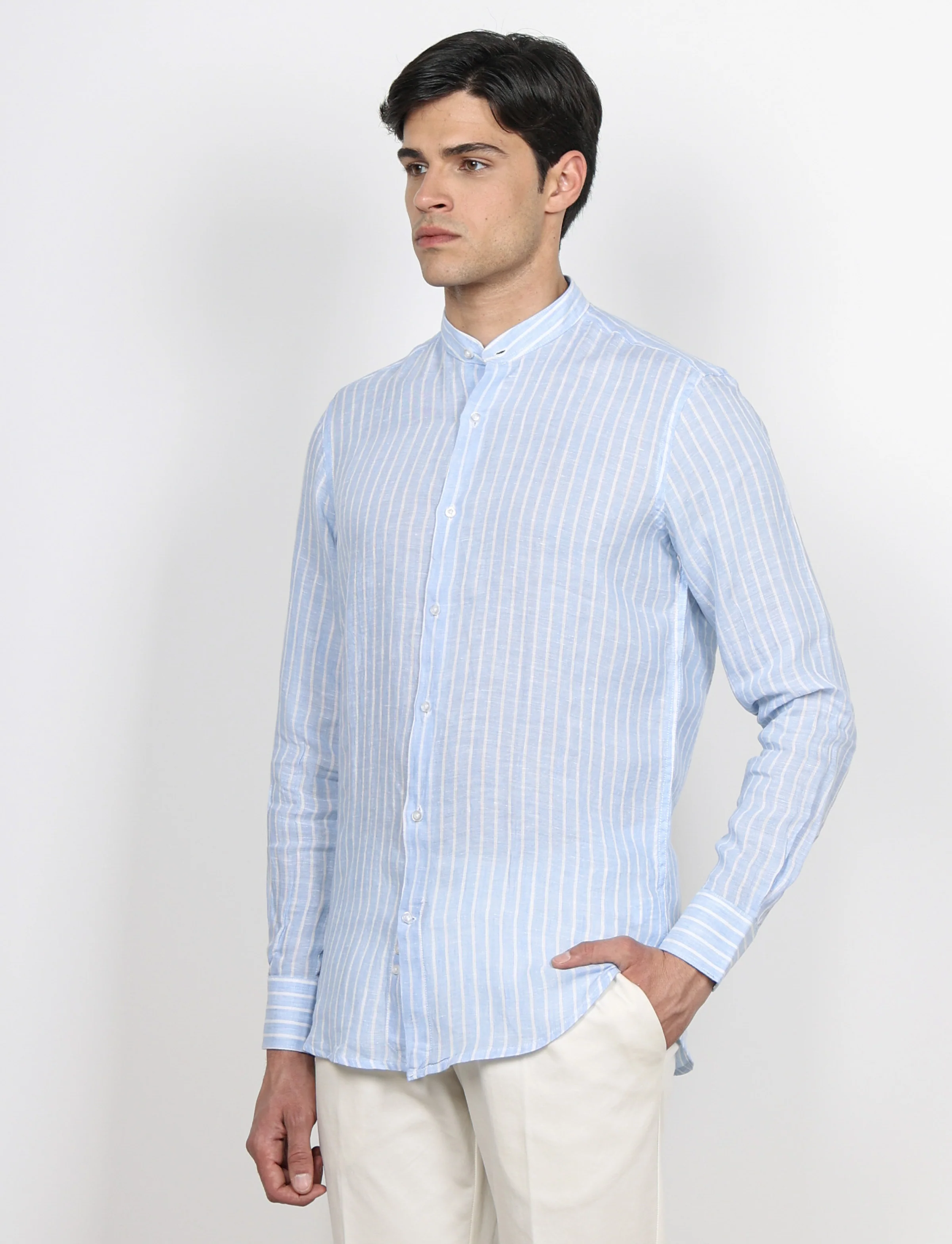 Camicia in lino a righe con collo coreano - Image 3