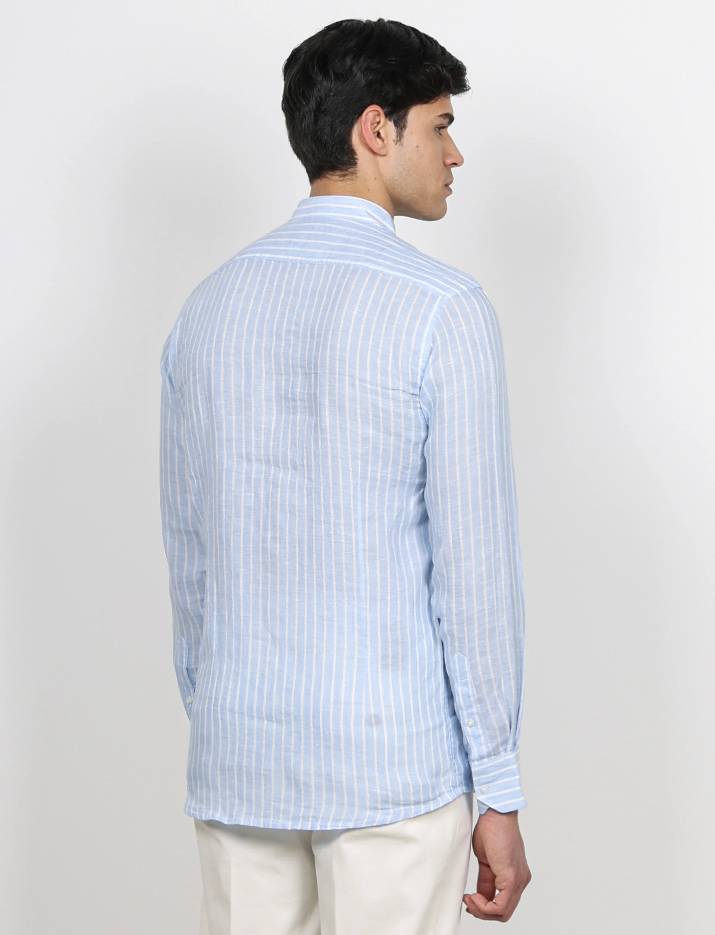Camicia in lino a righe con collo coreano - Image 4